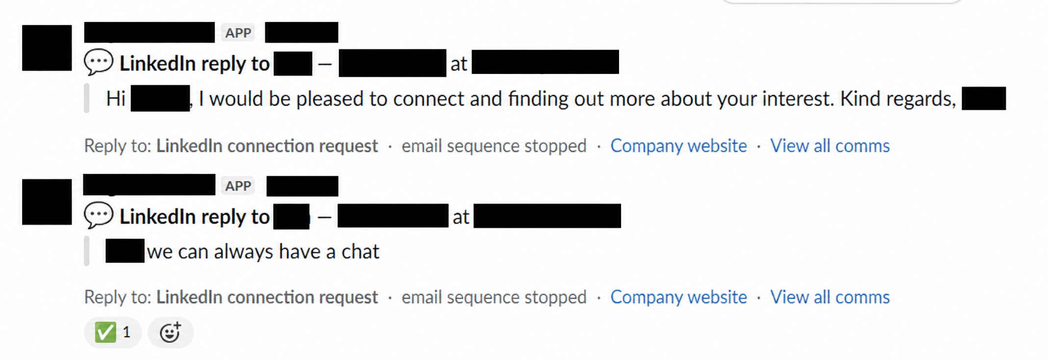 Two anonymised LinkedIn reply alerts expressing interest in connecting and having a chat. Personal and company identities are masked.